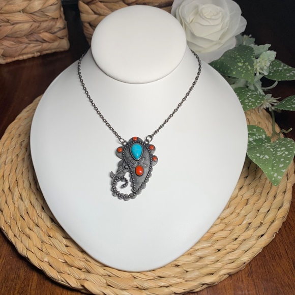 Southwestern Peacock Feather Turquoise Howlite and Red Cabochon Pendant Necklace - Picture 6 of 10